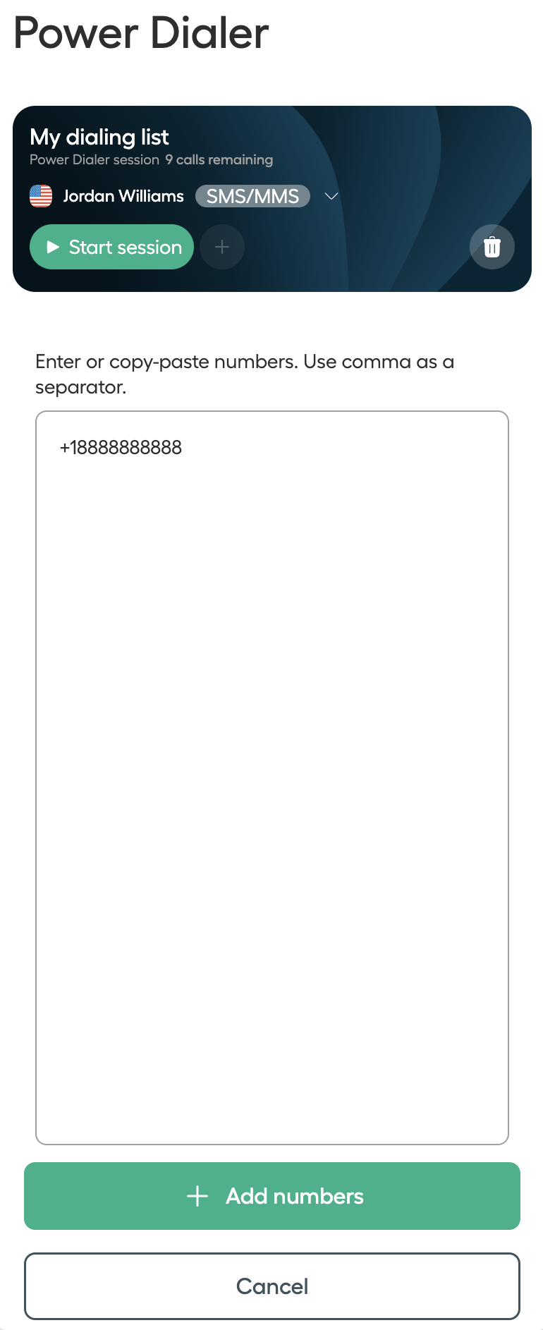 Image showing how to add numbers manually in Power Dialer