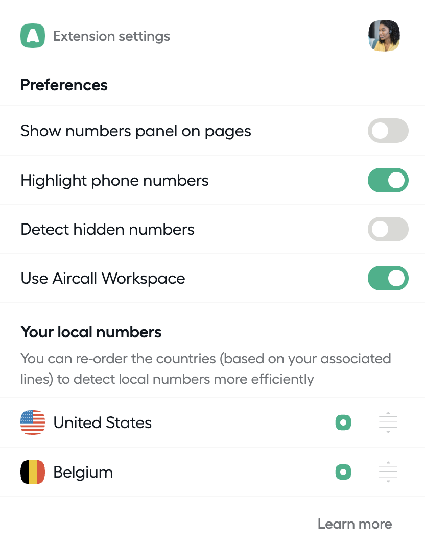 image showing aircall extension settings