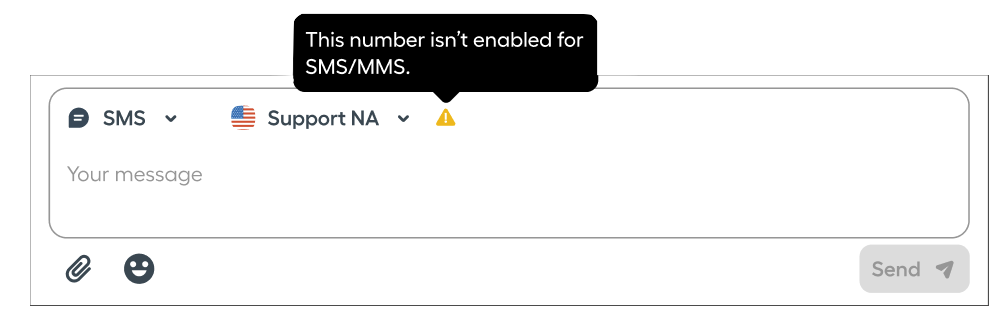 A close-up of a message input bar in Aircall Workspace showing a warning: “This number isn’t enabled for SMS/MMS.” The send button is greyed out, preventing the user from sending a message..png