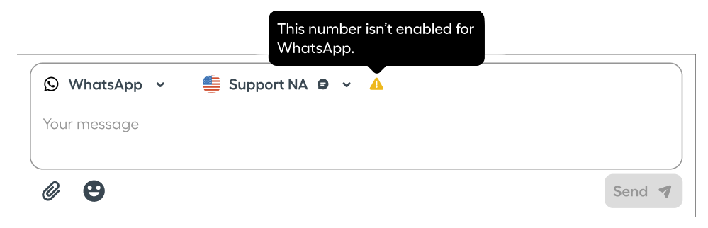 Another close-up of the Aircall Workspace message input bar, this time showing a warning that “This number isn’t enabled for WhatsApp.” The WhatsApp icon appears next to the message field, and the send button is disabled..png