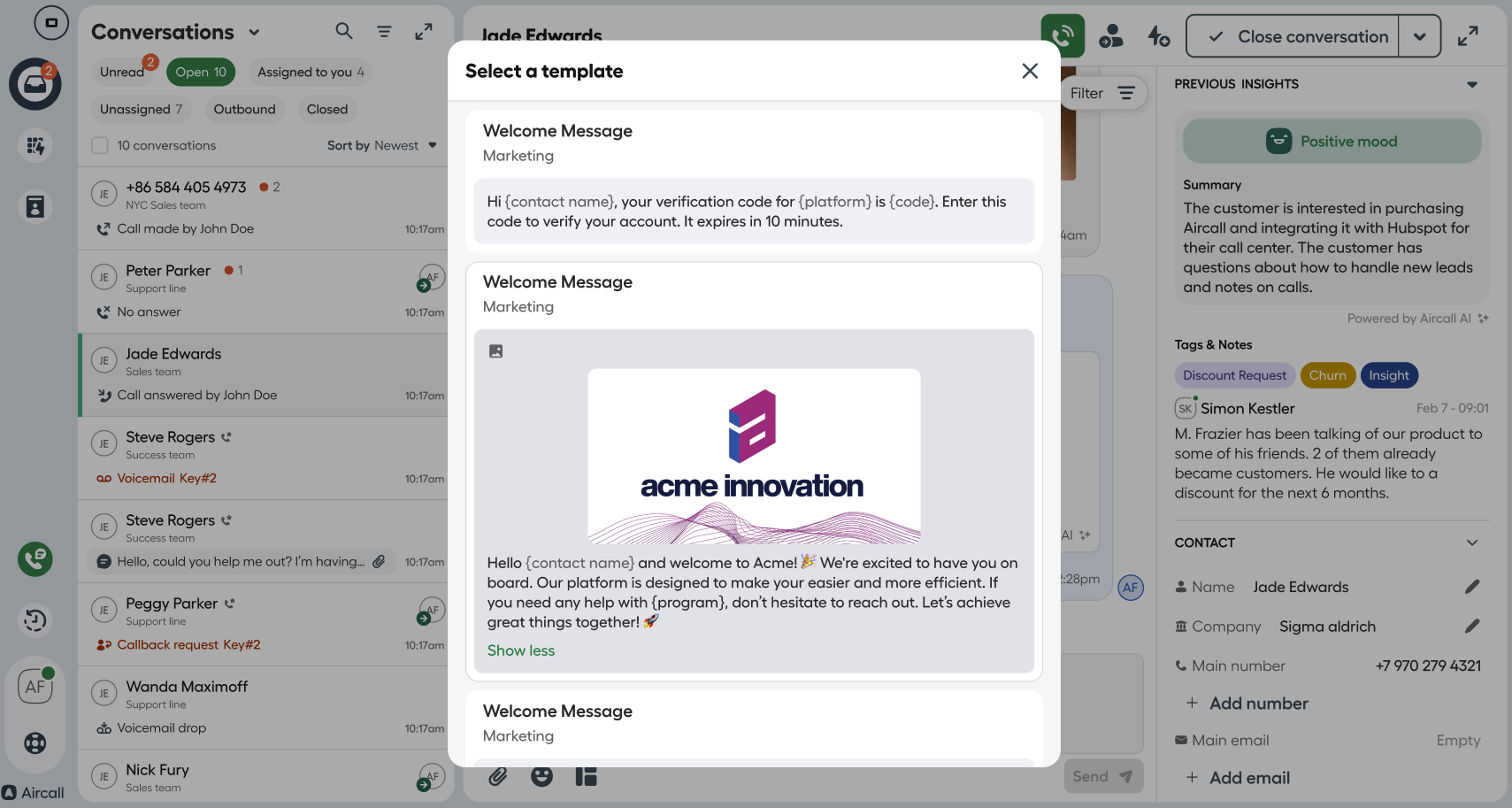 The Select a template window in Aircall Workspace for sending a WhatsApp message. Two marketing message templates are visible, one of which includes an image and a welcome message from “acme innovation.” The user can preview and choose a template before sending..png