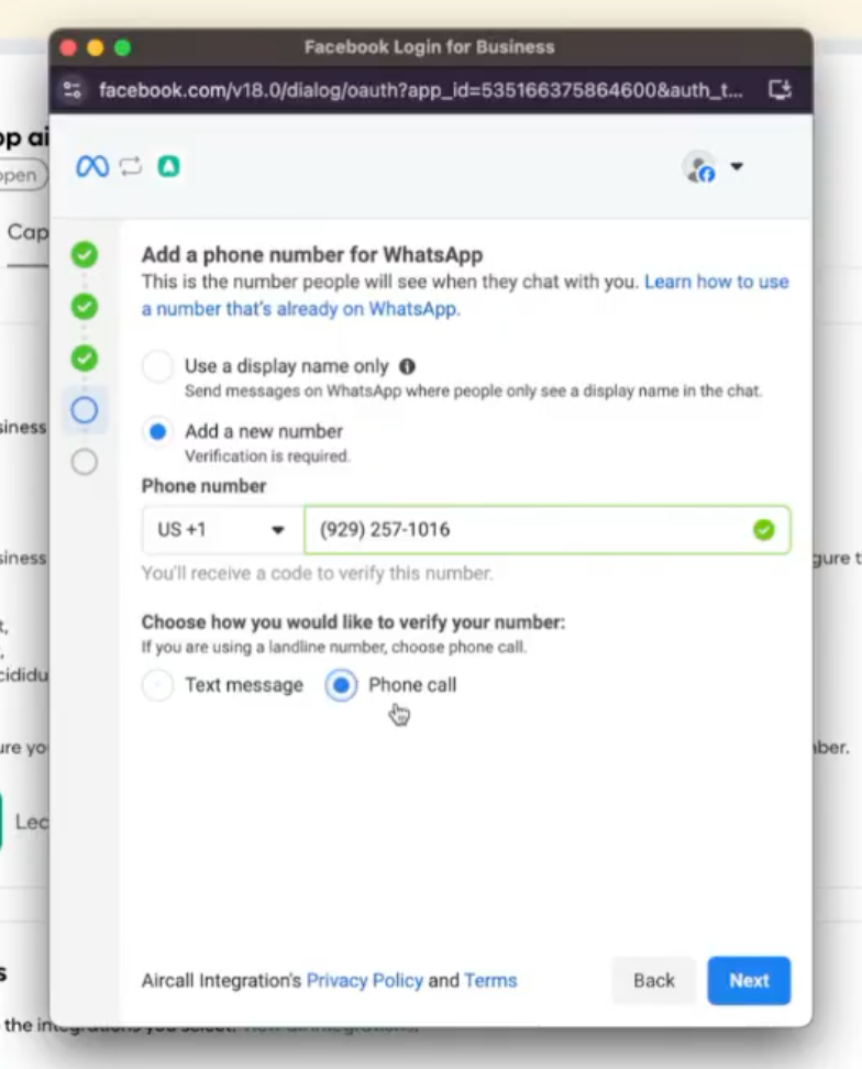Facebook Login for Business screen to add and verify a WhatsApp phone number with options for text message or phone call verification.