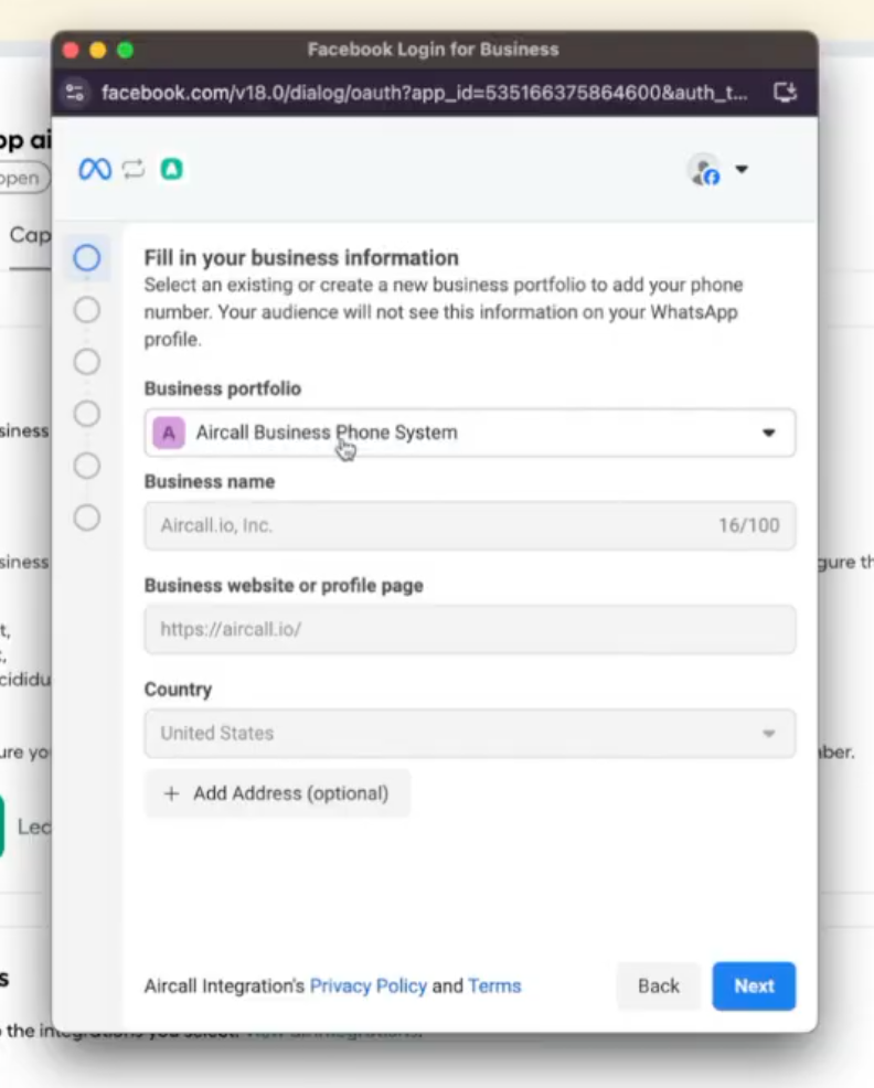 Facebook Login for Business form to fill in business details, showing Aircall Business Phone System selected and a “Next” button.