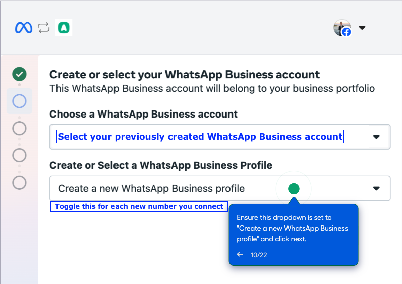 Facebook for Business setup screen prompting to select an existing WhatsApp Business account and create a new business profile, with guidance tooltip..png