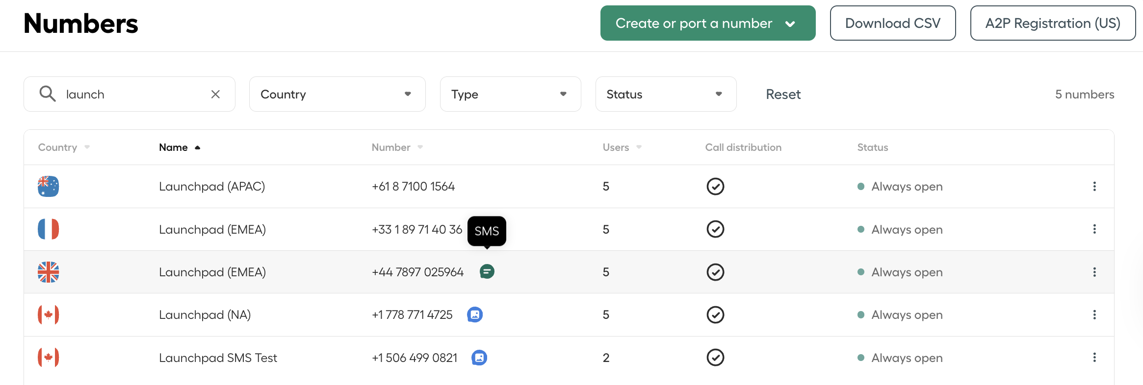 Aircall Admin Dashboard with opened Number section to see which numbers are SMS capable.png