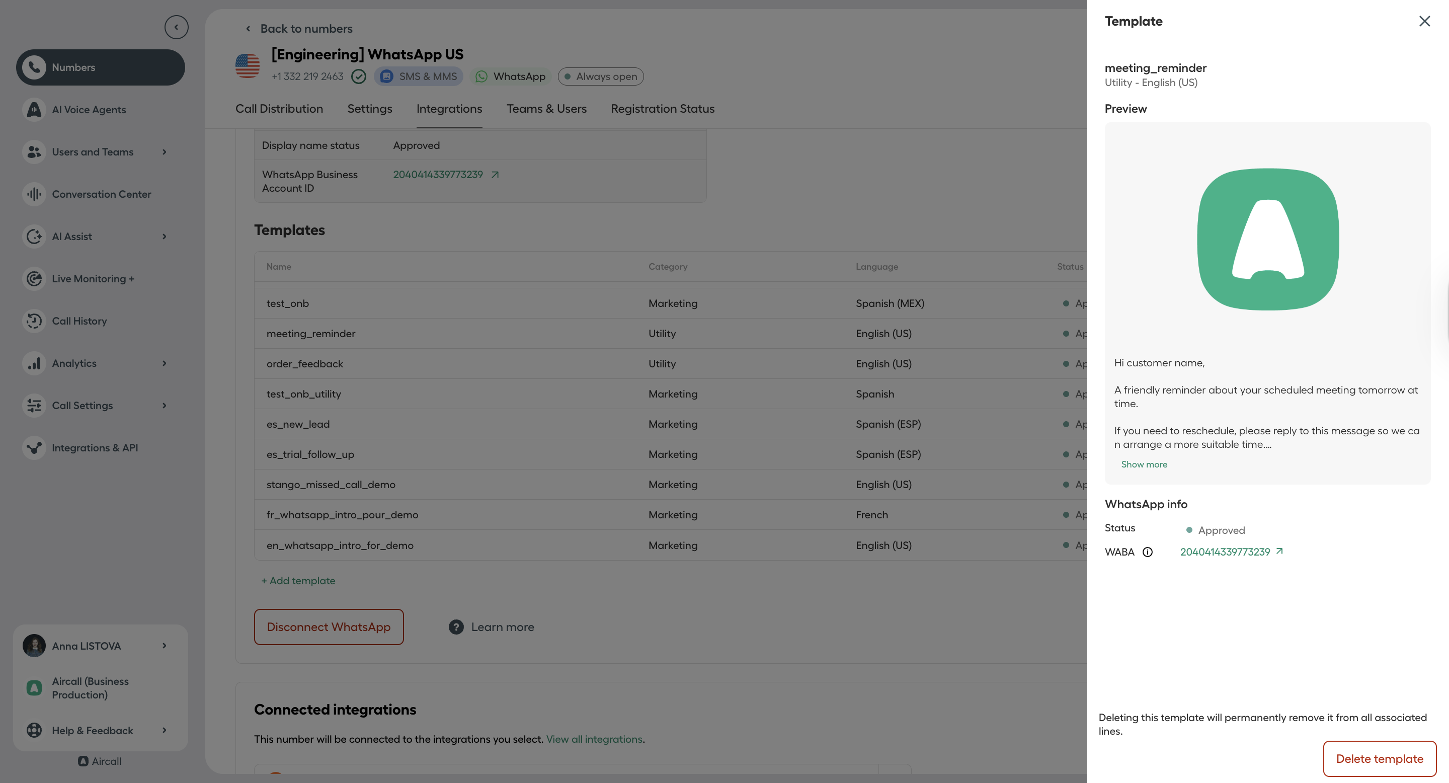Aircall WhatsApp template details panel showing message preview for a meeting reminder template with WhatsApp info and delete template option..png