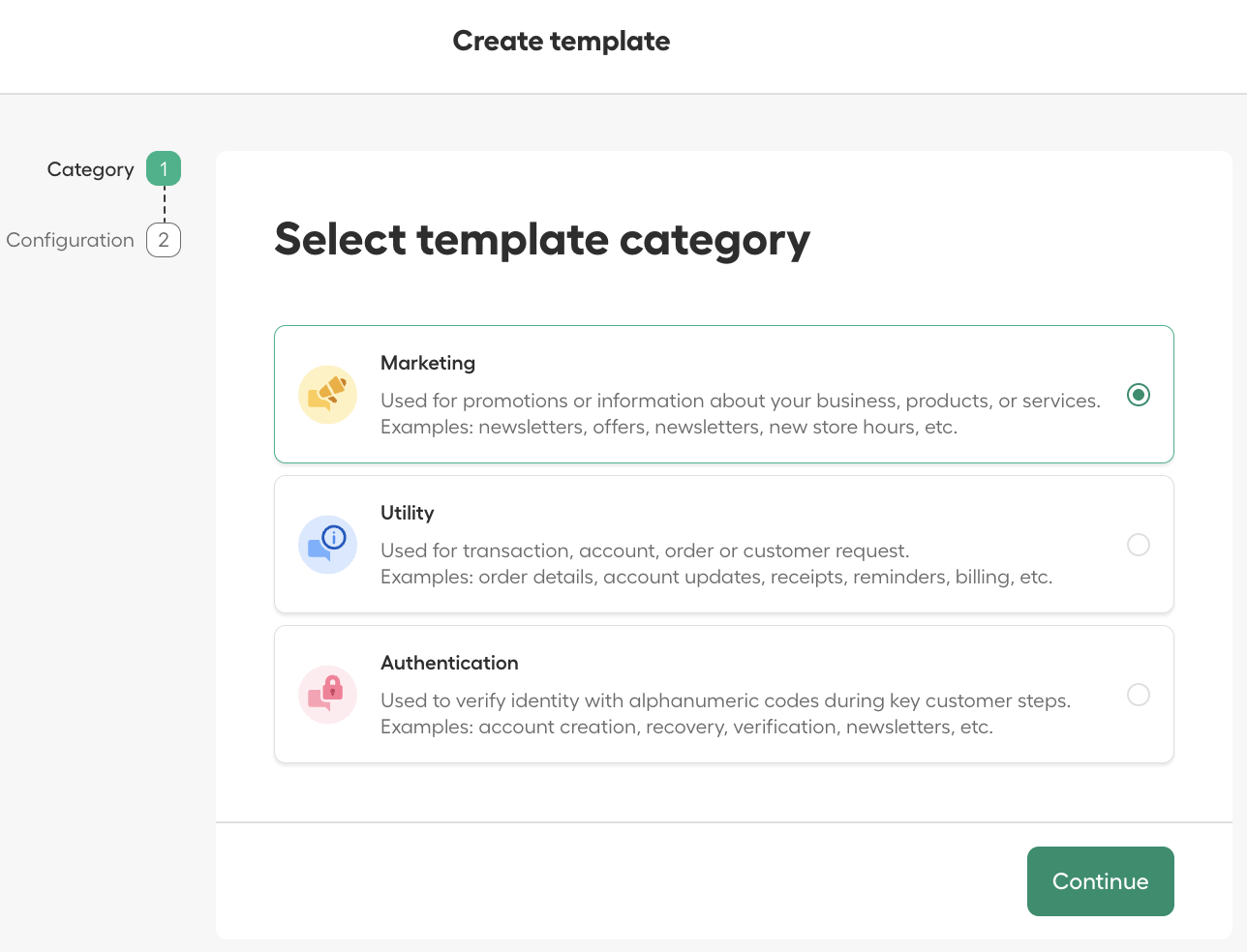 Create template screen in Aircall showing category selection step with Marketing, Utility, and Authentication options..png