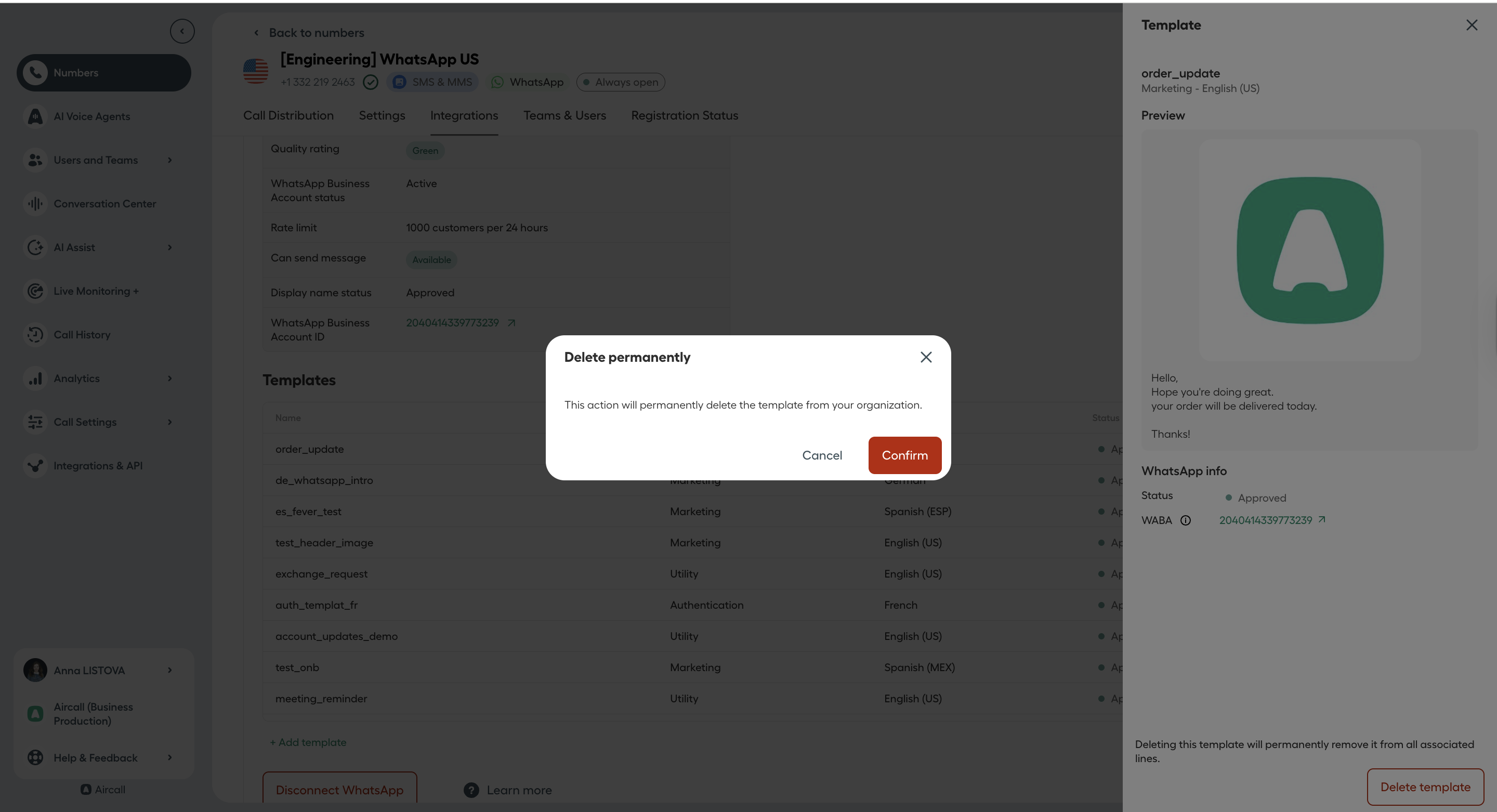 Aircall WhatsApp template deletion confirmation popup asking to permanently delete the selected template with Cancel and Confirm buttons..png