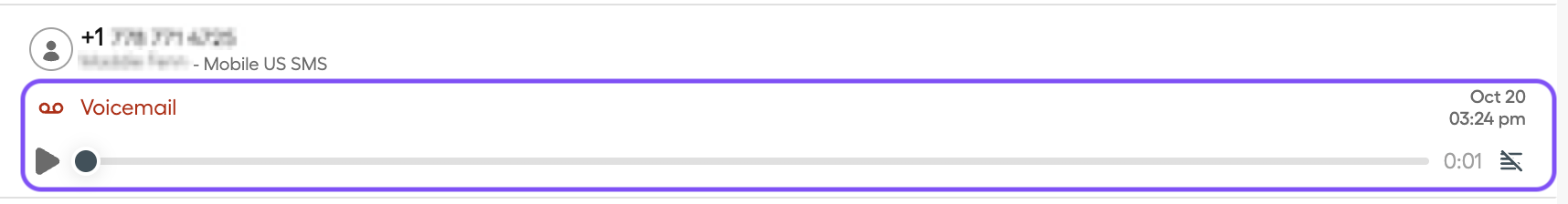 Image showing how the voicemail looks like in the Conversations section