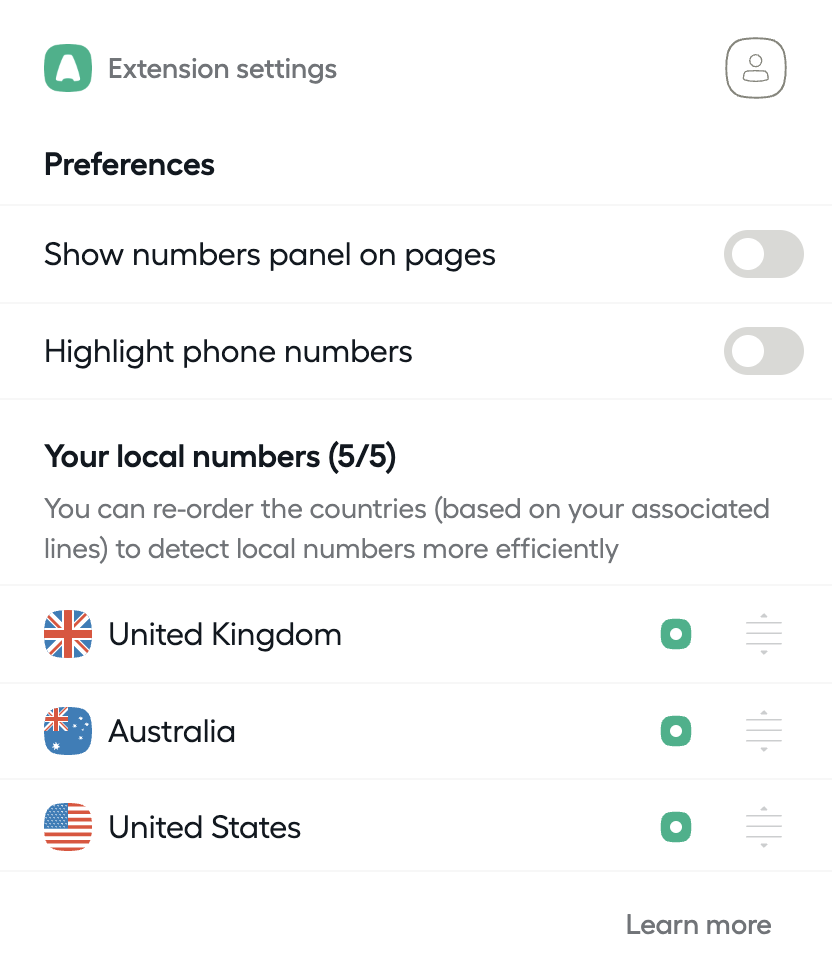 Image showing extension settings