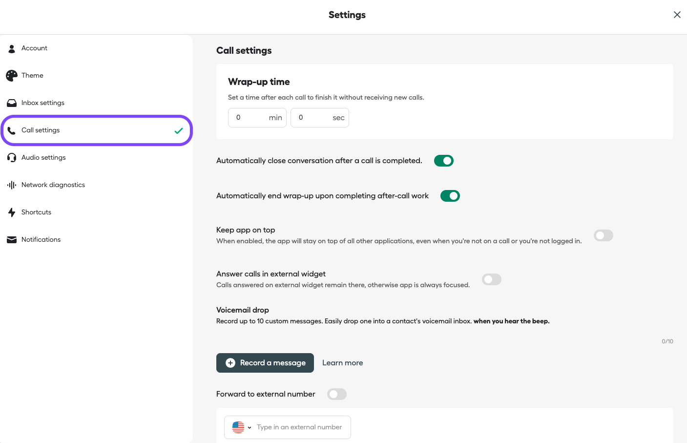 Image showing call settings section